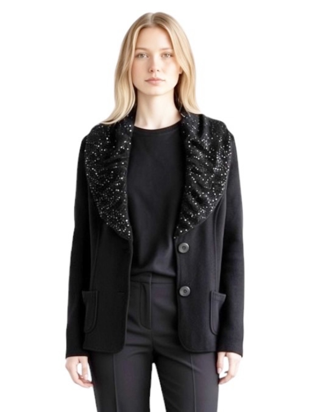 Black Knit Sequin Embellished Shawl-Collar Evening Jacket Button Closure Blazer